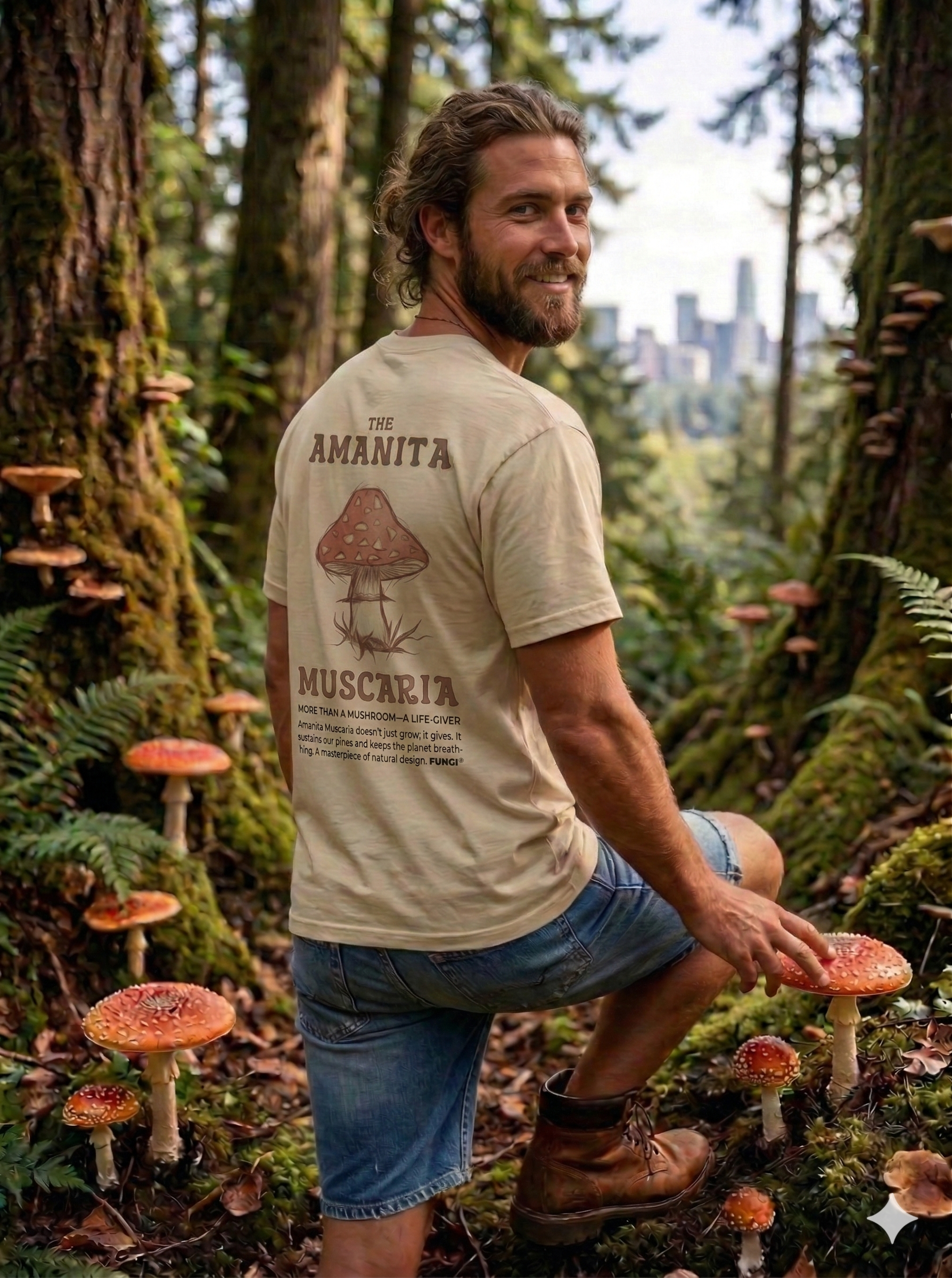 Persona con la camiseta Fungi™ The Amanita Muscaria en el bosque